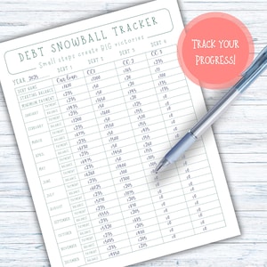 May include: A printed debt snowball tracker for 2025, featuring columns for debt name, starting balance, and minimum payment. A pen rests on the page, and a pink circle with the text "Track Your Progress!" is in the upper right corner.