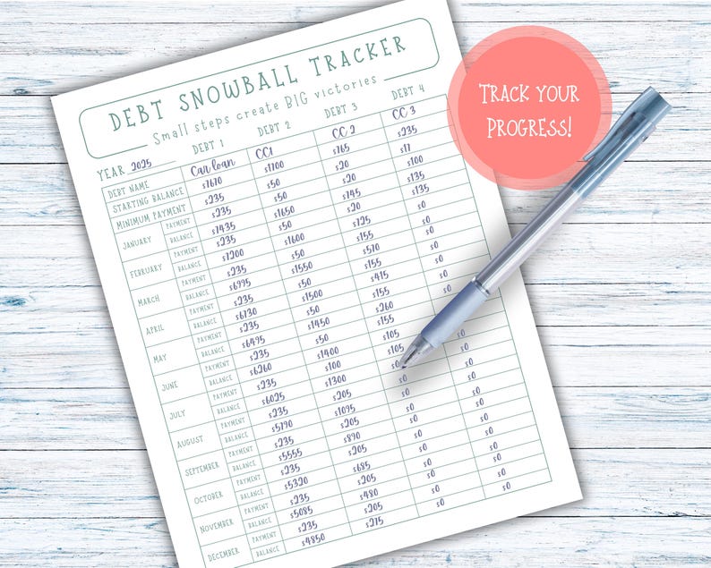 May include: A printed debt snowball tracker for 2025, featuring columns for debt name, starting balance, and minimum payment. A pen rests on the page, and a pink circle with the text "Track Your Progress!" is in the upper right corner.