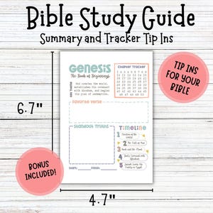 May include: A white Bible study guide sheet measuring 17 cm by 12 cm. The text reads Genesis The Book of Beginnings, Chapter Tracker, Favorite Verse, Standout Truths, and Timeline. It includes sections for notes, a numbered list, and a bonus sticker.
