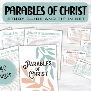 May include: A collection of study guides titled "Parables of Christ." The guides feature text and illustrations, with titles like "Parable of the Sower" and "Parable of the Mustard Seed." The set includes 40 pages and is designed as a study guide and tip set.
