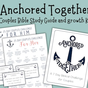 Puede incluir: Un conjunto de materiales impresos para parejas, con el texto "Anchored Together". El diseño incluye un gráfico de ancla y las frases "Couples Bible Study Guide", "25 Day Couples Challenge" y "Conversation Cards". La combinación de colores es principalmente azul marino y blanco.