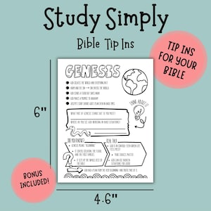 Könnte beinhalten: Ein schwarz-weißes Bibelstudienheft, 15,2 cm hoch und 11,7 cm breit, mit dem Titel "Study Simply" und "Bible Tip Ins". Der Leitfaden enthält Notizen zu Genesis, mit dem Text "Tip Ins for your Bible" und "Bonus Included!" in rosa Kreisen.