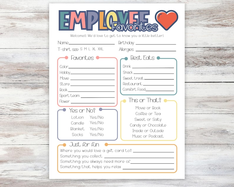 Work Preference Form Employee Favorite Things Survey, Get to Know Your Staff Questionnaire ...