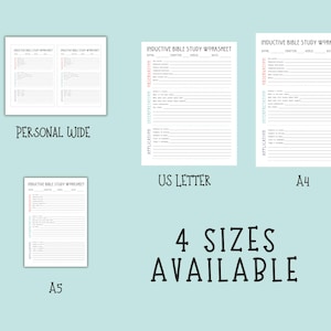 May include: Four different sizes of Inductive Bible Study Worksheets are displayed against a light blue background. The sizes include Personal Wide, US Letter, A4, and A5. The text "4 Sizes Available" is written in a black, handwritten font.