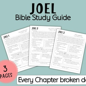 Pode incluir: Um guia de estudo bíblico intitulado "JOEL" com três páginas exibidas. Cada página é uma análise de um capítulo, com o texto "Every Chapter broken down" na parte inferior. As páginas estão em um fundo azul-petróleo claro.