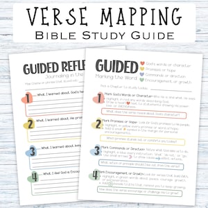 May include: A Bible study guide titled "Verse Mapping" with instructions for guided reflection and marking the word. The guide includes sections for journaling and identifying key verses, with prompts for personal reflection. The pages are white with black text and colorful accents.