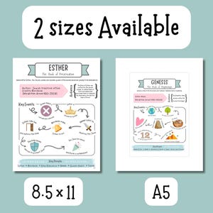 May include: Two educational posters, one for Esther and one for Genesis, with colorful illustrations and text. The Esther poster is 8.5 x 11 inches. The Genesis poster is A5 size. Both posters have the text "2 sizes Available" at the top.