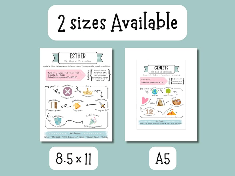 May include: Two educational posters, one for Esther and one for Genesis, with colorful illustrations and text. The Esther poster is 8.5 x 11 inches. The Genesis poster is A5 size. Both posters have the text "2 sizes Available" at the top.