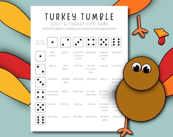 May include: A printable "Turkey Tumble" dice game sheet. The game features a brown turkey illustration with orange and red accents. The game instructions are printed on a white sheet with dice and action prompts. The game is designed for multiple players.