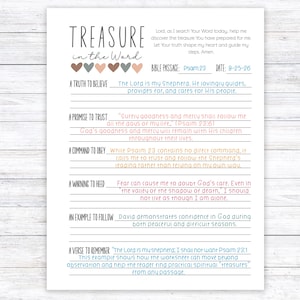 May include: A white paper worksheet titled Treasure in the Word with a row of six colored hearts. It includes sections for Bible passage, date, and prompts like A Truth to Believe, A Promise to Trust, A Command to Obey, A Warning to Heed, and A Verse to Remember with lines for handwritten notes.