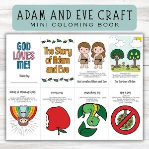 Może przedstawiać: Mini książeczka do kolorowania zatytułowana "Adam and Eve Craft" z ilustracjami biblijnej historii. Okładka zawiera tekst "God Loves Me!" i tytuł. W środku znajdują się rysunki Adama i Ewy, Ogrodu Edenu i innych scen.