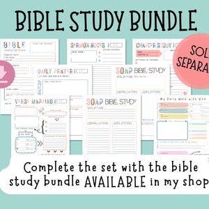 May include: A collection of printable Bible study pages with titles like "Bible Character Study," "Sermon Notes," and "Daily Prayer." The pages are in a variety of pastel colors and include the text "Bible Study Bundle" at the top.