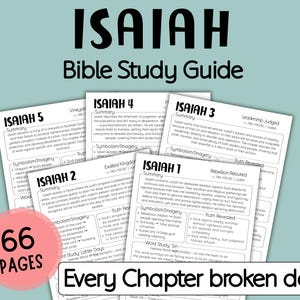 May include: A Bible study guide titled "Isaiah" with the text "Bible Study Guide" at the top. The guide includes summaries, symbolism, and imagery for each chapter. A pink circle indicates "66 pages". The text "Every Chapter broken down" is also visible.