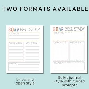 Pu&ograve; includere: Sono mostrati due modelli di studio biblico SOAP. Il modello di sinistra &egrave; in stile lineare e aperto, mentre il modello di destra &egrave; in stile bullet journal con suggerimenti guidati. I modelli hanno sezioni per Scrittura, Osservazione, Applicazione e Preghiera.