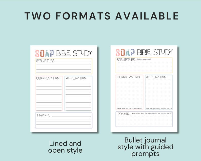 Pu&ograve; includere: Sono mostrati due modelli di studio biblico SOAP. Il modello di sinistra &egrave; in stile lineare e aperto, mentre il modello di destra &egrave; in stile bullet journal con suggerimenti guidati. I modelli hanno sezioni per Scrittura, Osservazione, Applicazione e Preghiera.