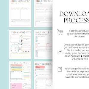 May include: A collection of printable Bible study templates with colorful accents. The pages include sections for scripture, observation, application, and prayer. The text "Download Process" is also visible.