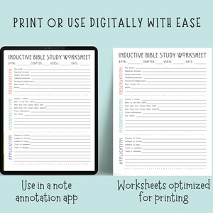 May include: A digital tablet and a printed worksheet, both displaying an "Inductive Bible Study Worksheet." The tablet shows the worksheet in a note annotation app. The text "Print or use digitally with ease" and "Worksheets optimized for printing" are also visible.