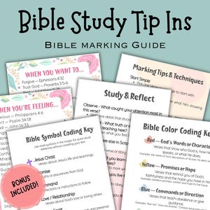 May include: A collection of Bible study guides with floral accents. The guides include tips, techniques, and color-coding keys for marking scripture. Titles include "Bible Study Tip Ins" and "Bible Marking Guide."