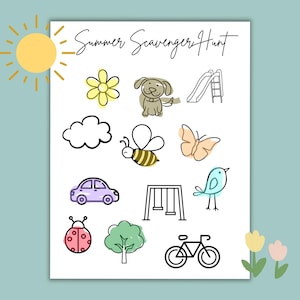 summer fun activity pack for kids and toddlers. nature tic tac toe, summer scavenger hunt, color hunt, pick a flower.