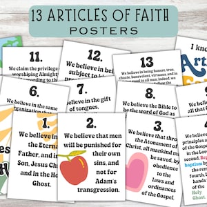 May include: A collection of 13 Articles of Faith posters. Each poster features a numbered statement of faith, with colorful illustrations. The posters are designed with a clean, readable font and a light background.