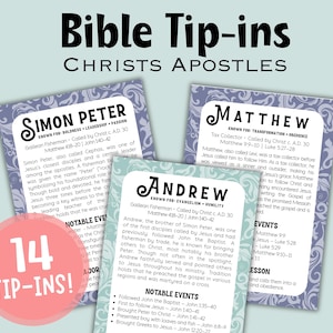 May include: Cards detailing Christ's Apostles, featuring names like Simon Peter, Matthew, and Andrew. The cards have a light blue background with a floral design. A pink circle with the text "14 TIP-INS!" is in the lower left.