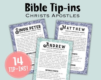 Op de afbeelding: Kaarten met informatie over de apostelen van Christus. De kaarten hebben een lichtblauwe achtergrond met een bloemenpatroon. De kaarten hebben de namen Simon Petrus, Mattheüs en Andreas. Een roze cirkel met de tekst "14 TIP-INS!" staat linksonder.