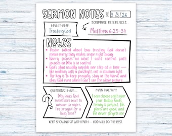 Sermon Notes Worksheet printable for teens, Bible Study Template, Bible study resource, bible study guide, bible study journal