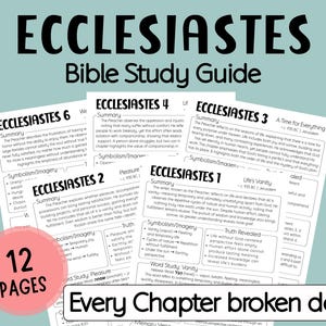 May include: A Bible study guide for Ecclesiastes, with the title at the top. The guide includes summaries and symbolism for each chapter. A pink circle indicates "12 pages", and the text "Every Chapter broken down" is also present.