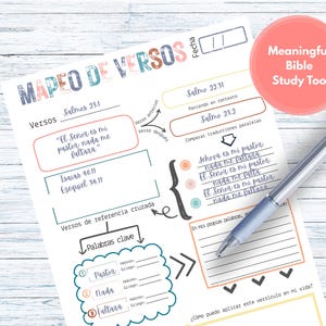 Puede incluir: Una hoja blanca con el título "MAPEO DE VERSOS" y el texto "Meaningful Bible Study Tool". La hoja incluye cuadros de texto, flechas y un bolígrafo. El texto está en español.