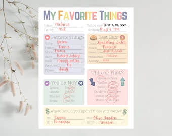 Lista delle mie cose preferite, Tutto su di me stampabile, Questionario per conoscermi meglio, Preferiti degli insegnanti, Idee regalo di compleanno