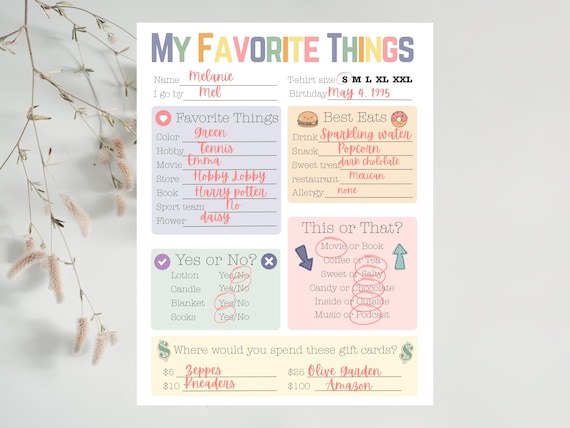 My Favorite Things List, All About Me Printable, Getting to Know Me Questionnaire, Teacher Favorites, Birthday Gift Idea