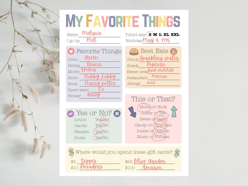 May include: A personalized "My Favorite Things" printable sheet with pastel colors. The sheet includes sections for favorite things, best eats, and "this or that" choices. The name "Melanie" and the date "May 4, 1995" are visible.
