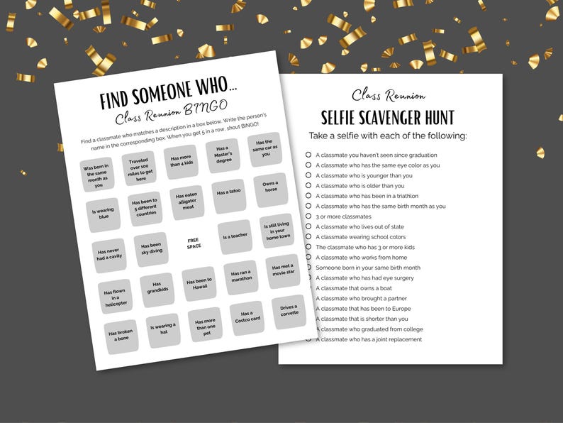 Memorable Class Reunion Activities - Bingo, Selfie Scavenger Hunt, memory prompts, High school class reunion game bundle image 3