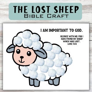 May include: A white paper with a cartoon sheep craft. The sheep has a black outline, pink face, gray ears and legs, and is decorated with cotton balls. Text at the top reads "THE LOST SHEEP BIBLE CRAFT". The text "I AM IMPORTANT TO GOD" is also present.