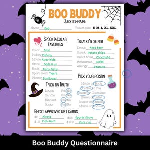 Boo Buddy Questionnaire – Halloween Favorite Things List – Boo Basket Exchange Printable – Team Building – Office Gift Exchange