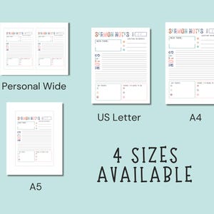 May include: Four different sizes of sermon notes pages are displayed: Personal Wide, US Letter, A4, and A5. Each page has a header with the text "SERMON NOTES" and sections for notes, key points, and action items. The text "4 SIZES AVAILABLE" is at the bottom.