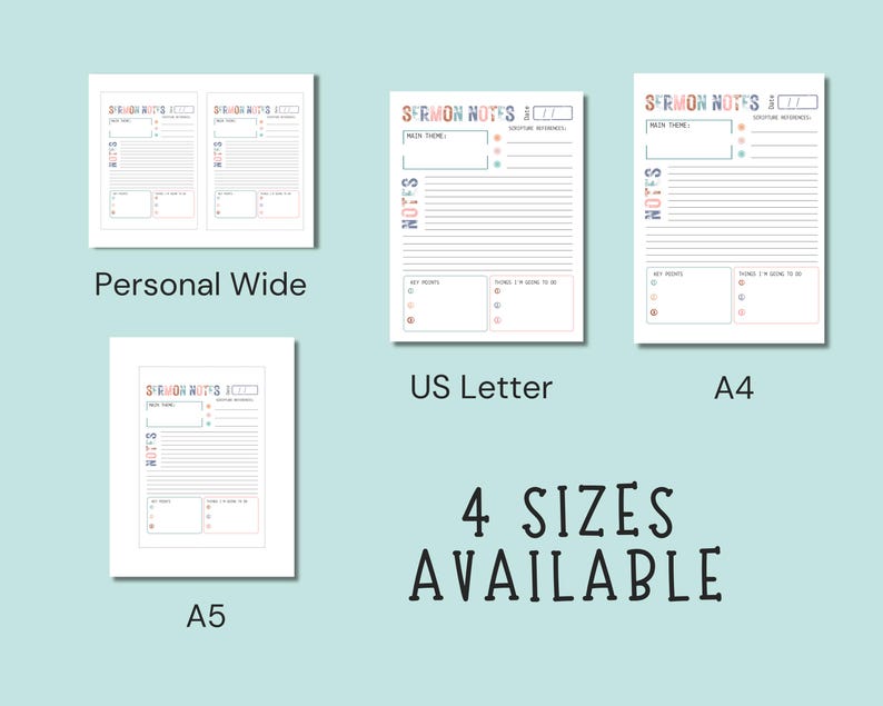 May include: Four different sizes of sermon notes pages are displayed: Personal Wide, US Letter, A4, and A5. Each page has a header with the text "SERMON NOTES" and sections for notes, key points, and action items. The text "4 SIZES AVAILABLE" is at the bottom.