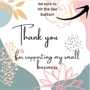 Puede incluir: Gr&aacute;fico con fondo blanco y formas florales y geom&eacute;tricas en colores pastel. El texto dice "Gracias por apoyar mi peque&ntilde;a empresa" y "&iexcl;Aseg&uacute;rate de hacer clic en el bot&oacute;n Me gusta!" Una flecha apunta hacia la derecha.