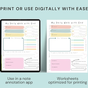 May include: A digital planner and printable worksheet set with the text "My Daily Walk with God." The planner features sections for favorite verses, word study, key takeaways, and gratitude. The text "Print or use digitally with ease" is at the top.