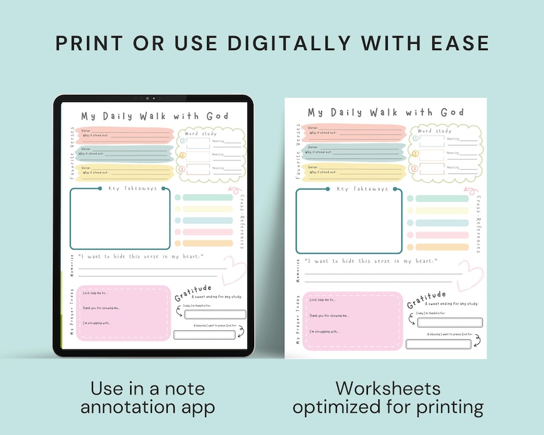 May include: A digital planner and printable worksheet set with the text "My Daily Walk with God." The planner features sections for favorite verses, word study, key takeaways, and gratitude. The text "Print or use digitally with ease" is at the top.