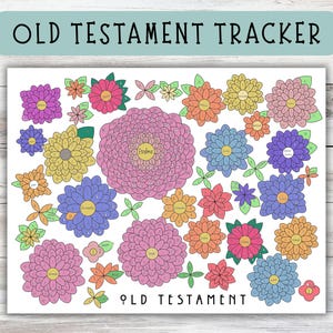 Può includere: Un colorato Old Testament Tracker con disegni floreali. Il tracker presenta vari fiori nei toni del rosa, viola, arancione, giallo e blu, con foglie verdi. Il testo "Old Testament Tracker" è in alto.