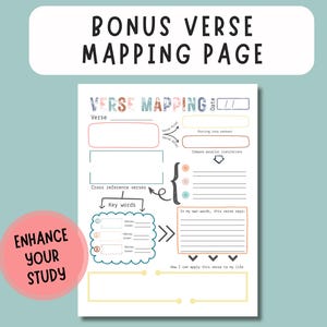 May include: A white page with the text "BONUS VERSE MAPPING PAGE" and "VERSE MAPPING". The page includes areas for notes, key words, and cross-reference verses. A pink circle with the text "ENHANCE YOUR STUDY" is in the lower left.