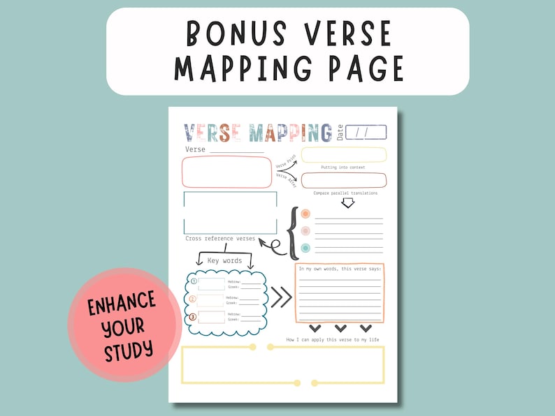 May include: A white page with the text "BONUS VERSE MAPPING PAGE" and "VERSE MAPPING". The page includes areas for notes, key words, and cross-reference verses. A pink circle with the text "ENHANCE YOUR STUDY" is in the lower left.