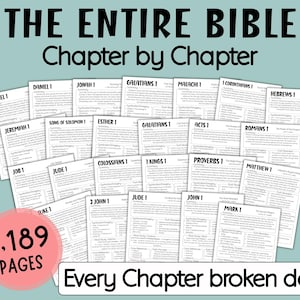 May include: A collection of white pages with text, titled "THE ENTIRE BIBLE Chapter by Chapter." The image includes the text "1,189 PAGES" and "Every Chapter broken down."