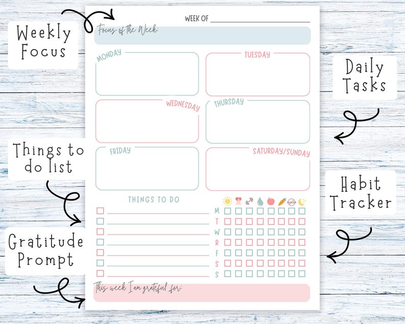 Printable Weekly Planner With Habit Tracker & Gratitude Section ...