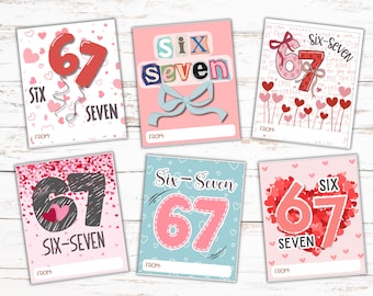 67 teen and tween Funny Classroom Valentines, Six Seven Pink Trendy slang Valentine card for girls