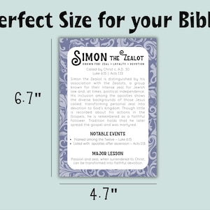 May include: A rectangular card with a floral border, featuring text about Simon the Zealot. The card is 17 cm tall and 12 cm wide. The text includes "Perfect Size for your Bible" at the top.