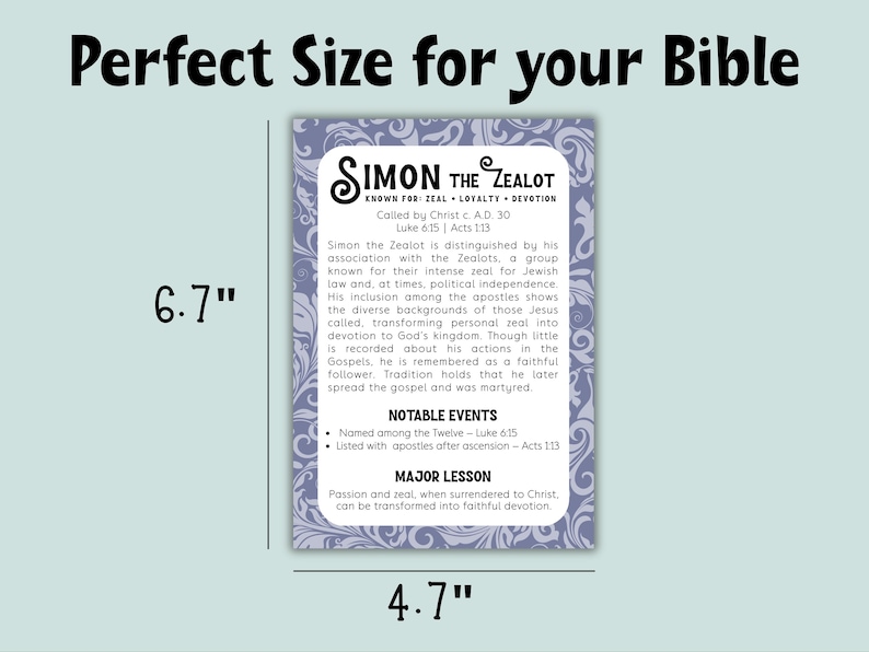 May include: A rectangular card with a floral border, featuring text about Simon the Zealot. The card is 17 cm tall and 12 cm wide. The text includes "Perfect Size for your Bible" at the top.