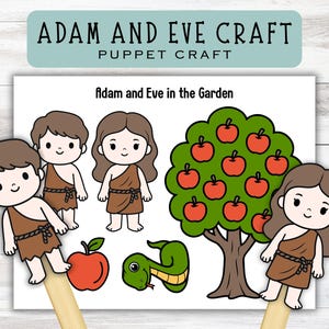 May include: A puppet craft set featuring Adam and Eve in the Garden. The set includes illustrated figures of Adam, Eve, a tree with red apples, a green snake, and a red apple. The text "Adam and Eve Craft" and "Puppet Craft" is at the top.