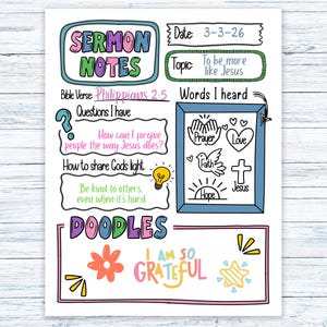 May include: A colourful sermon notes page with the title "Sermon Notes" and the date 3-3-26. The topic is "To be more like Jesus." Includes Bible verse Philippians 2:5, questions, doodles, and the phrase "I am so grateful."
